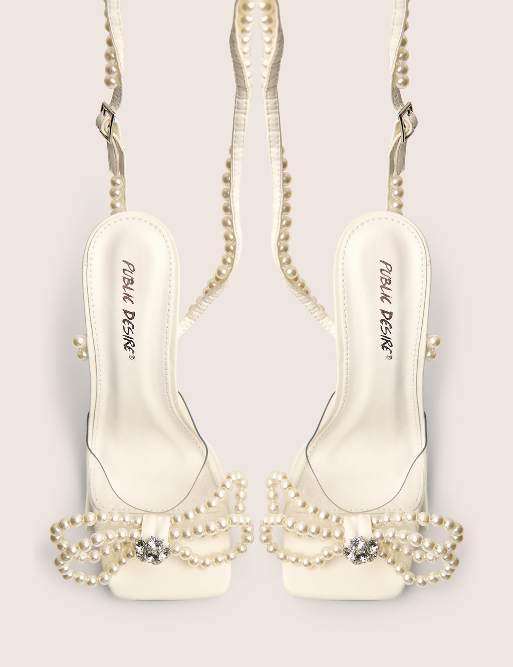 Glimmer White Wrap Around Pearl Detail Bow Square Toe Cake Stand Heels