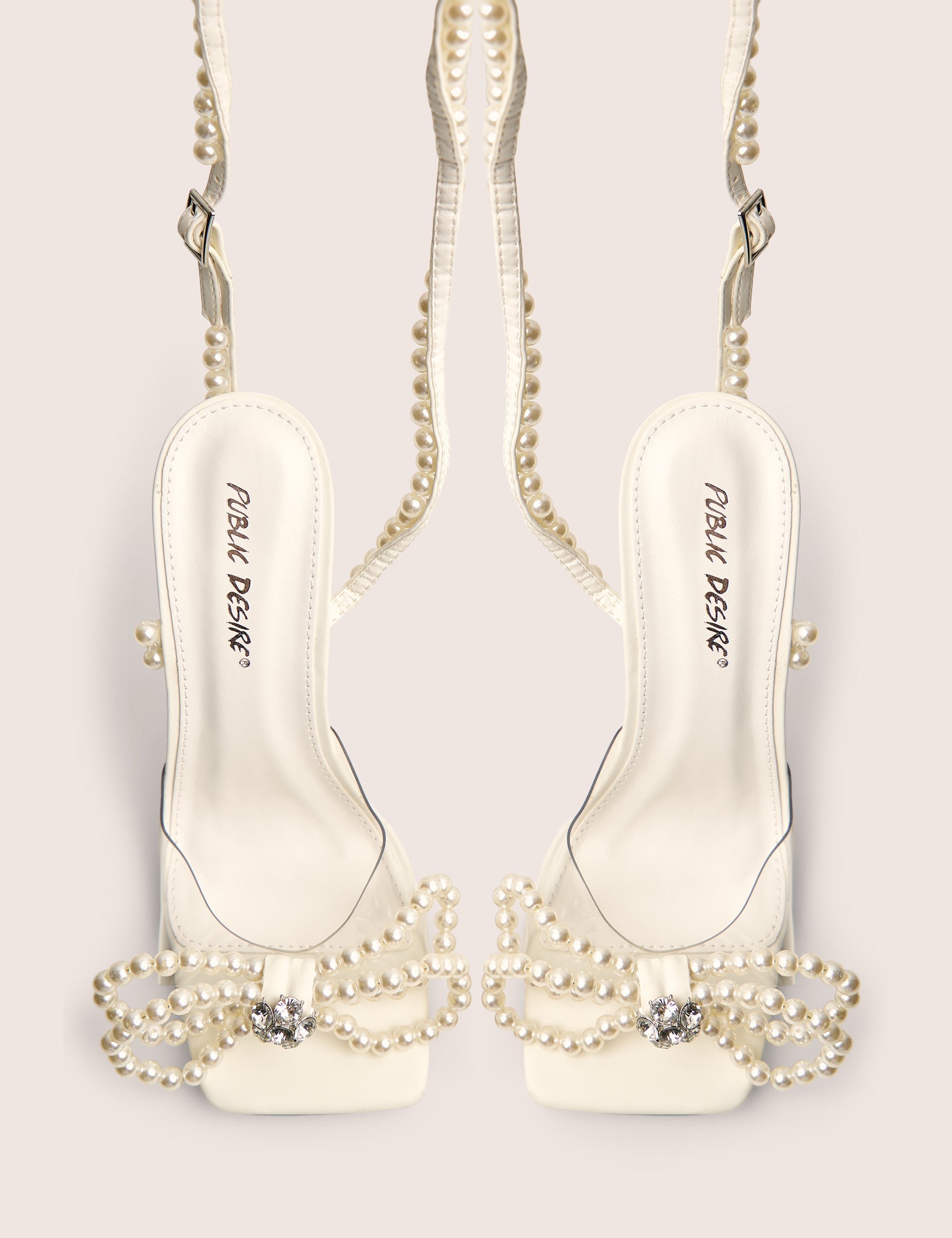 Glimmer White Wrap Around Pearl Detail Bow Square Toe Cake Stand Heels