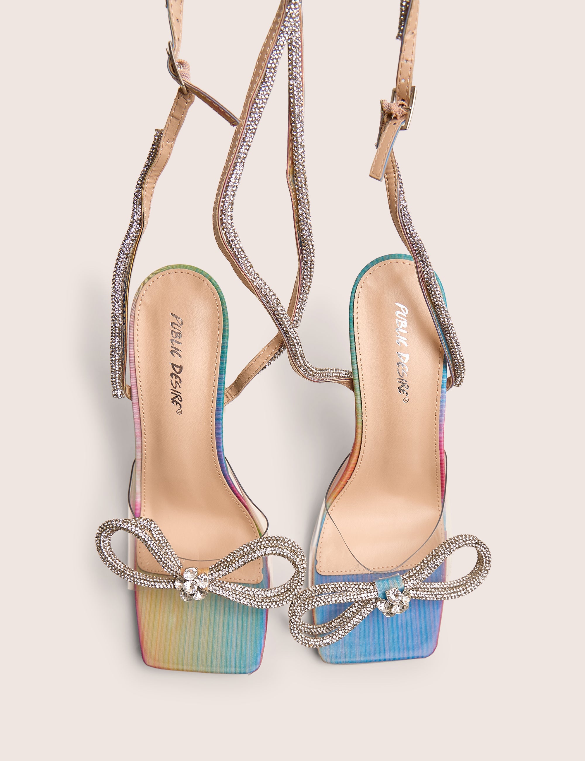Glimmer Multi Holographic Wrap Around Diamante Bow Square Toe Heels