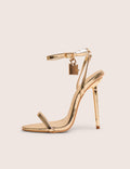 Ti Amo Gold Metallic PU Padlock Detail Barely There Pointed Toe Stilettos Heels