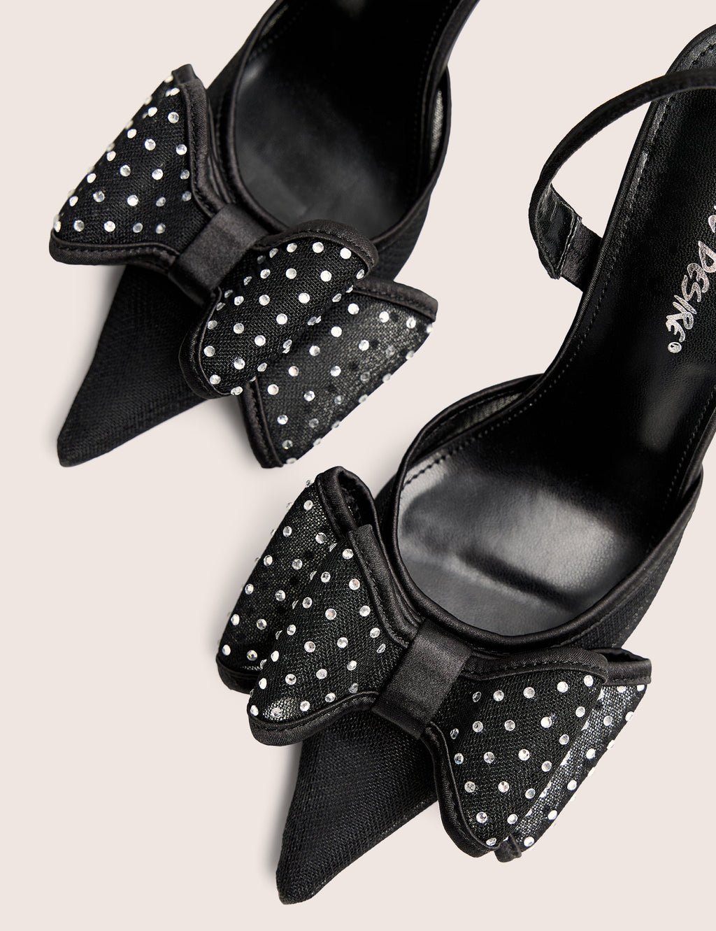 Trisha Black Mesh Bow Diamante Detail Sling Back Court Heels