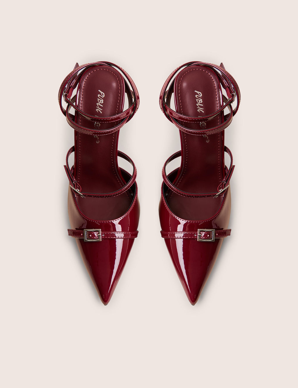 Viper Burgundy Three Strap Buckle Detail Court Heels