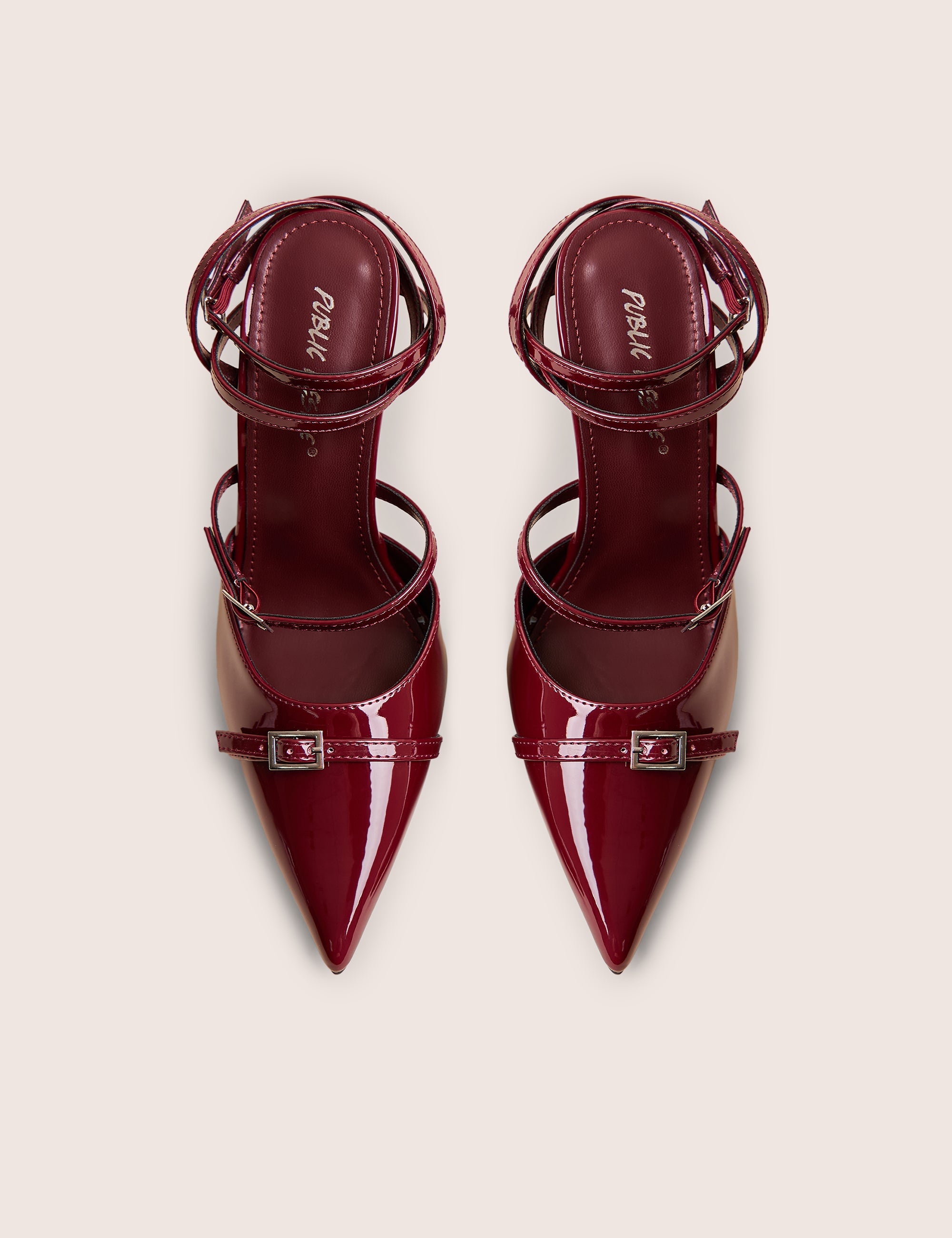 Viper Burgundy Three Strap Buckle Detail Court Heels